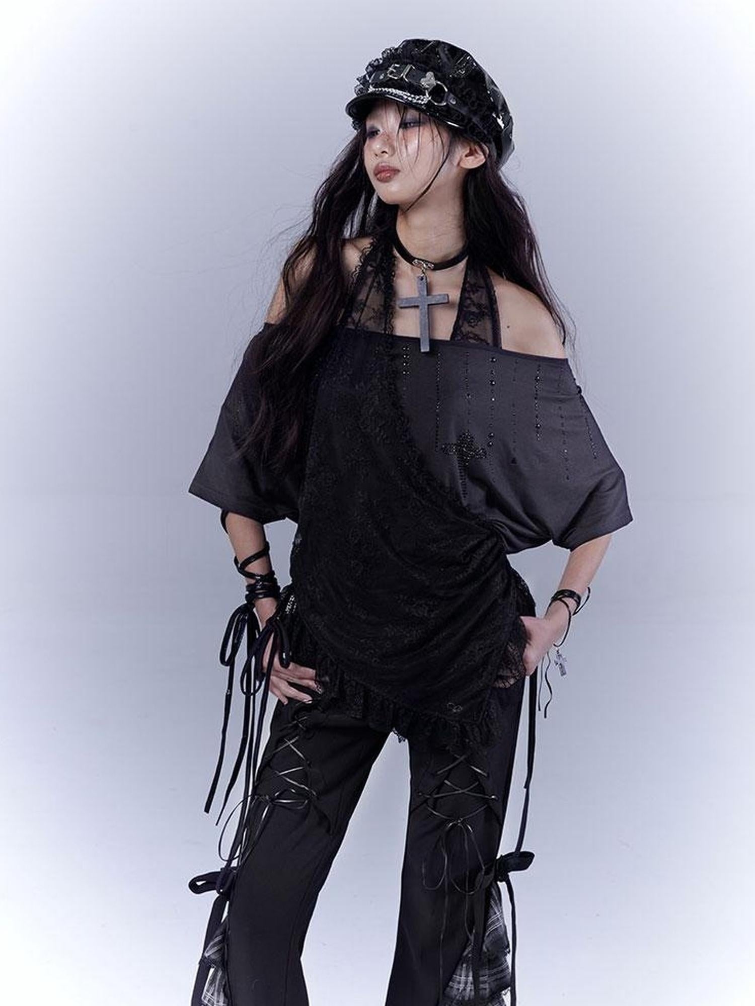 WSW WUSHENWU Grid Lace Punk Trousers Sweet Cool Asian Fit