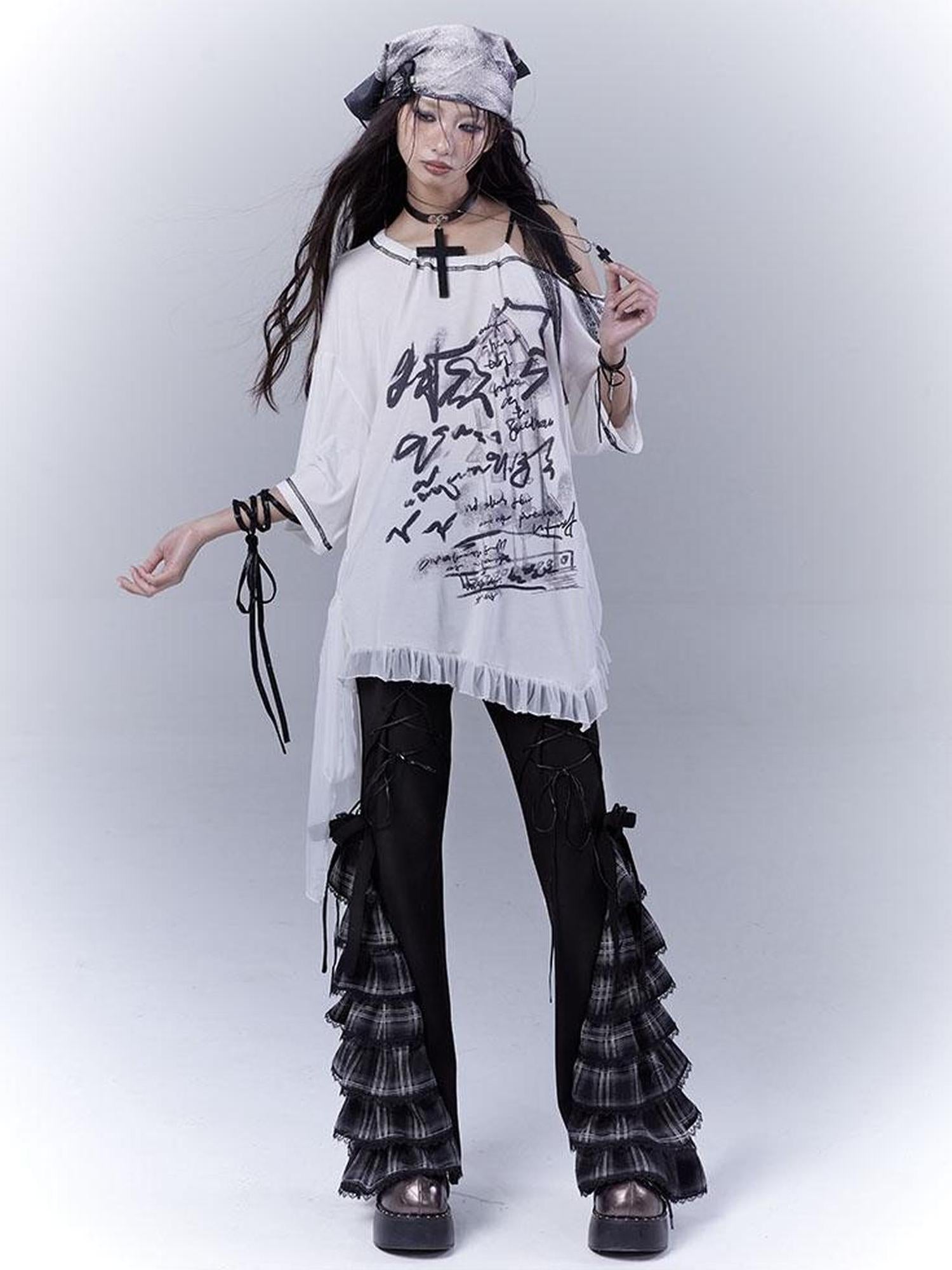 WSW WUSHENWU Grid Lace Punk Trousers Sweet Cool Asian Fit