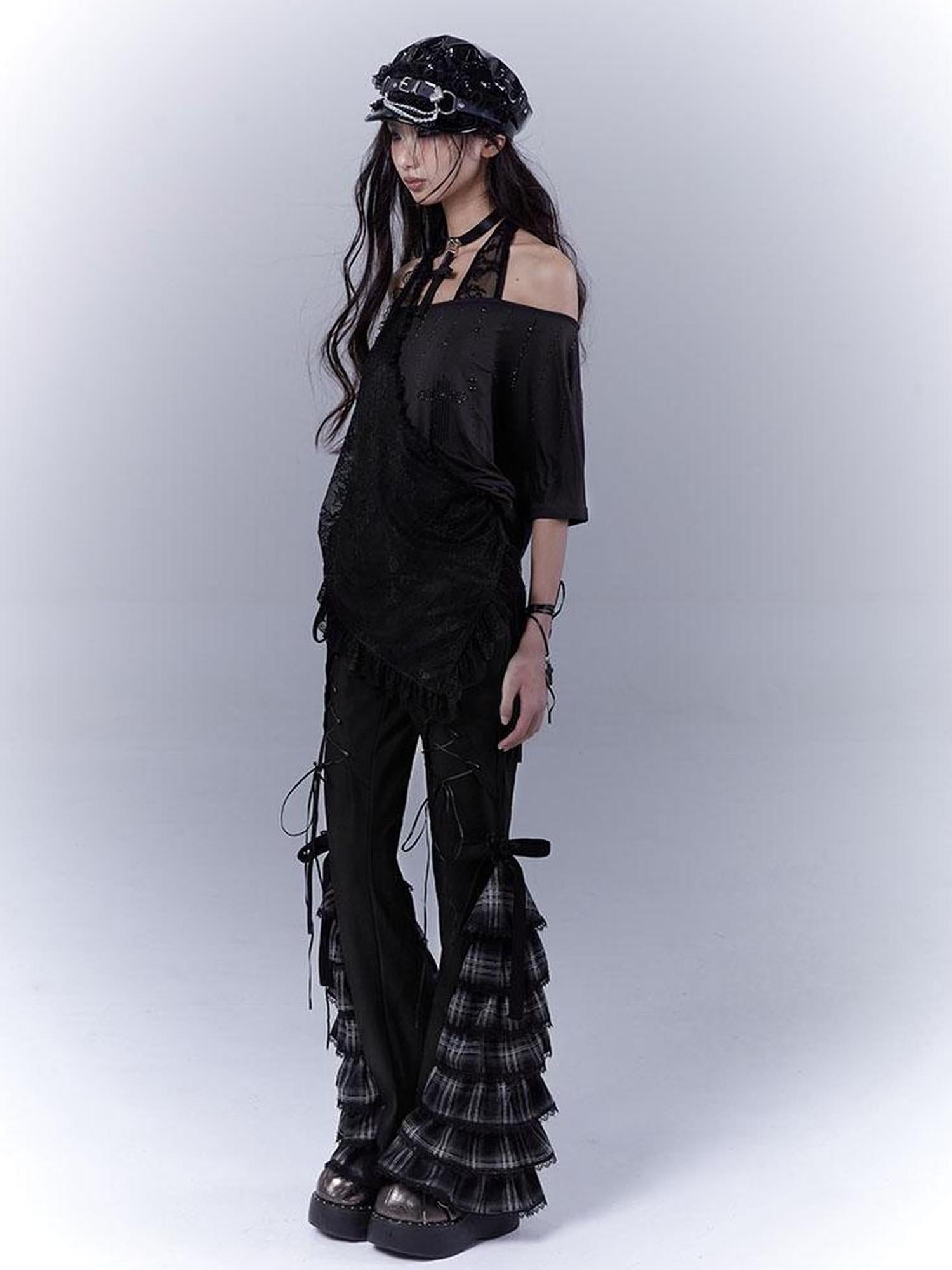 WSW WUSHENWU Grid Lace Punk Trousers Sweet Cool Asian Fit