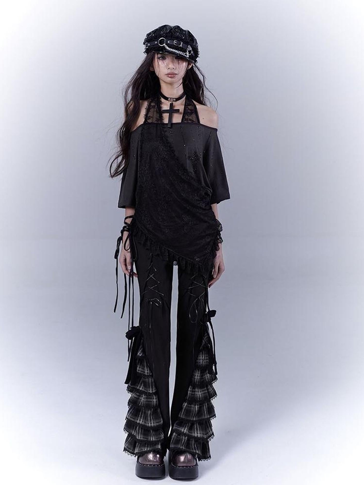 WSW WUSHENWU Grid Lace Punk Trousers Sweet Cool Asian Fit