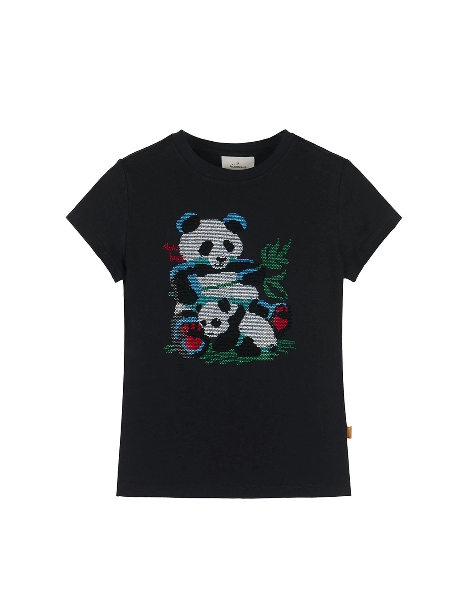 Happy Panda Embroidered Crop Tee V-neck T-shirt Long-Sleeve