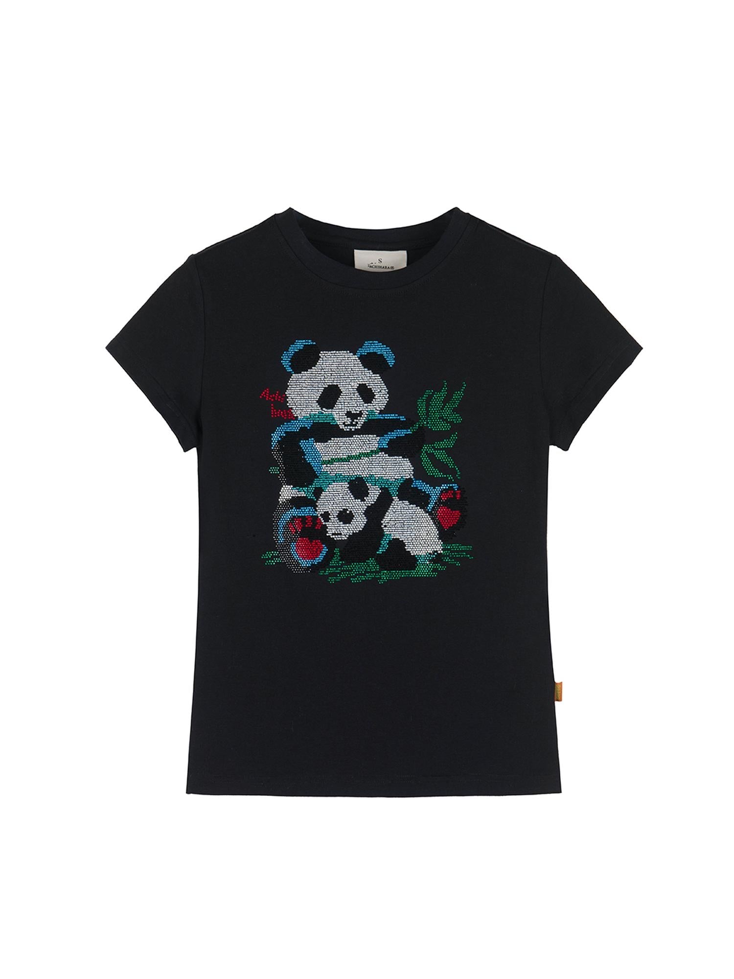 Achihara Happy Panda Embroidered Crop Tee V-neck T-shirt Long-Sleeve