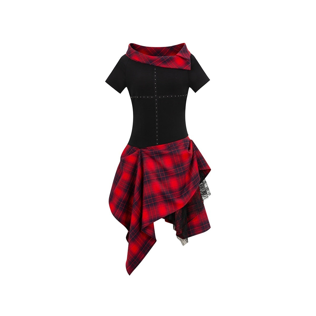 HEMOGLOBIN_Black_Red_Plaid_Spliced_Lace_Structured_Women&