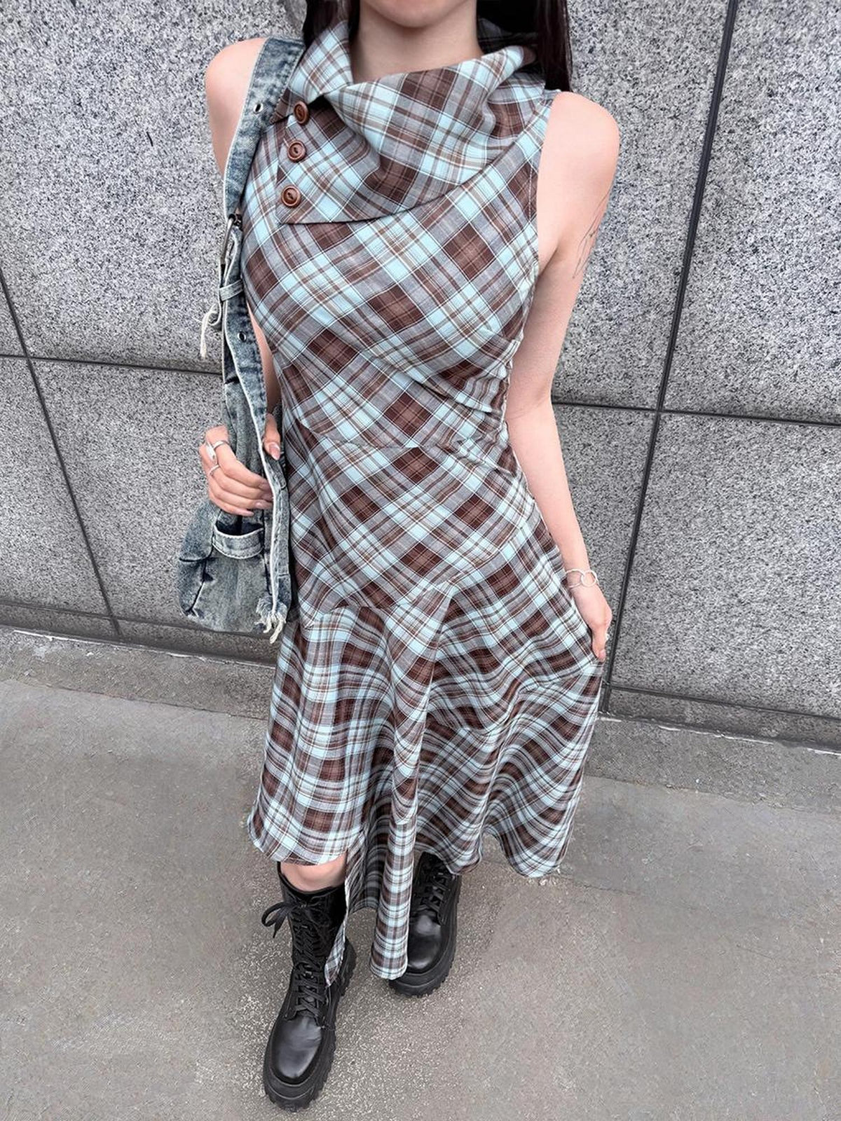 HEMOGLOBIN Blue Brown Plaid Asymmetric Hem Sleeveless High Neck Women&