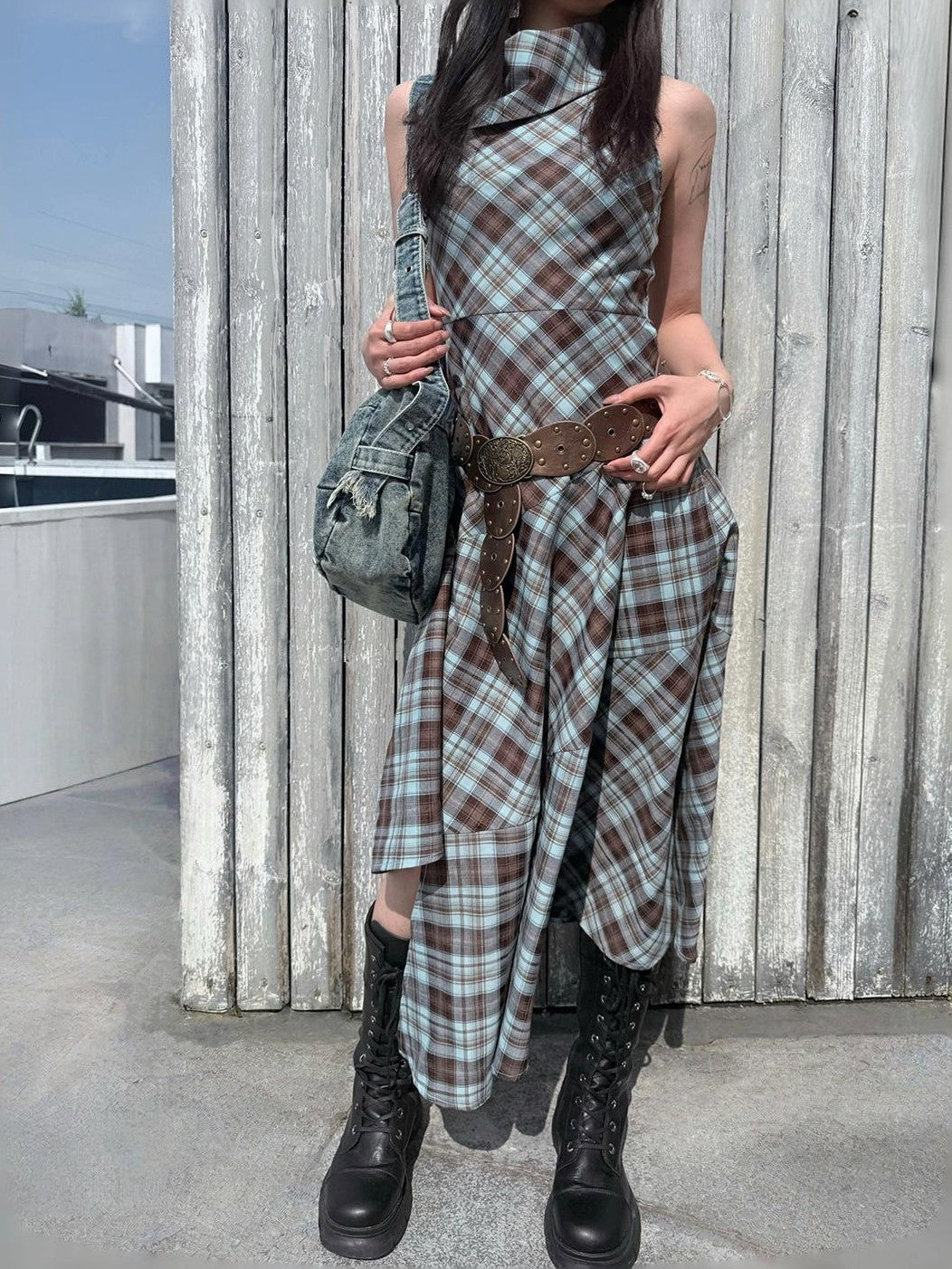 HEMOGLOBIN Blue Brown Plaid Asymmetric Hem Sleeveless High Neck Women&