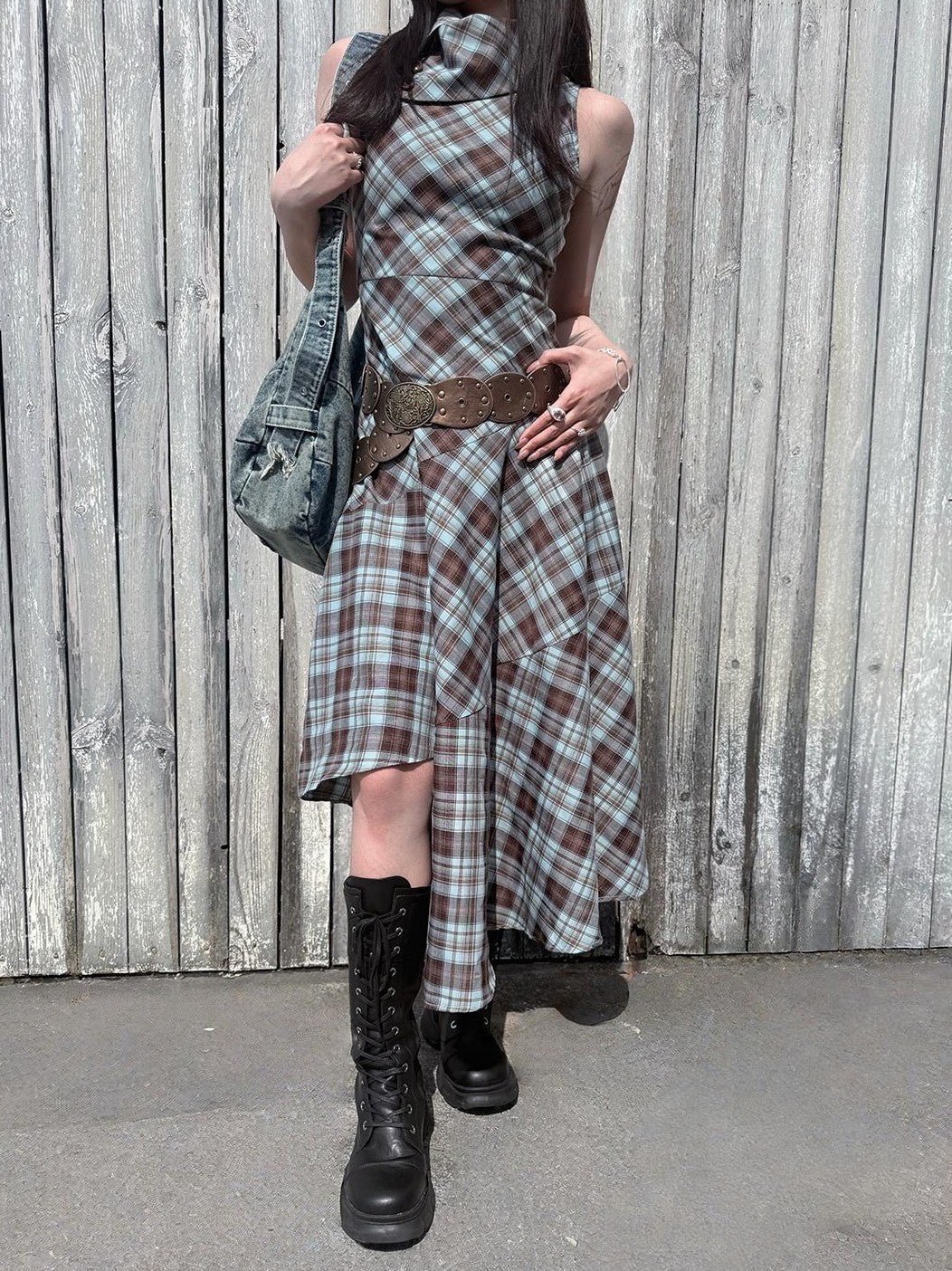 HEMOGLOBIN Blue Brown Plaid Asymmetric Hem Sleeveless High Neck Women&