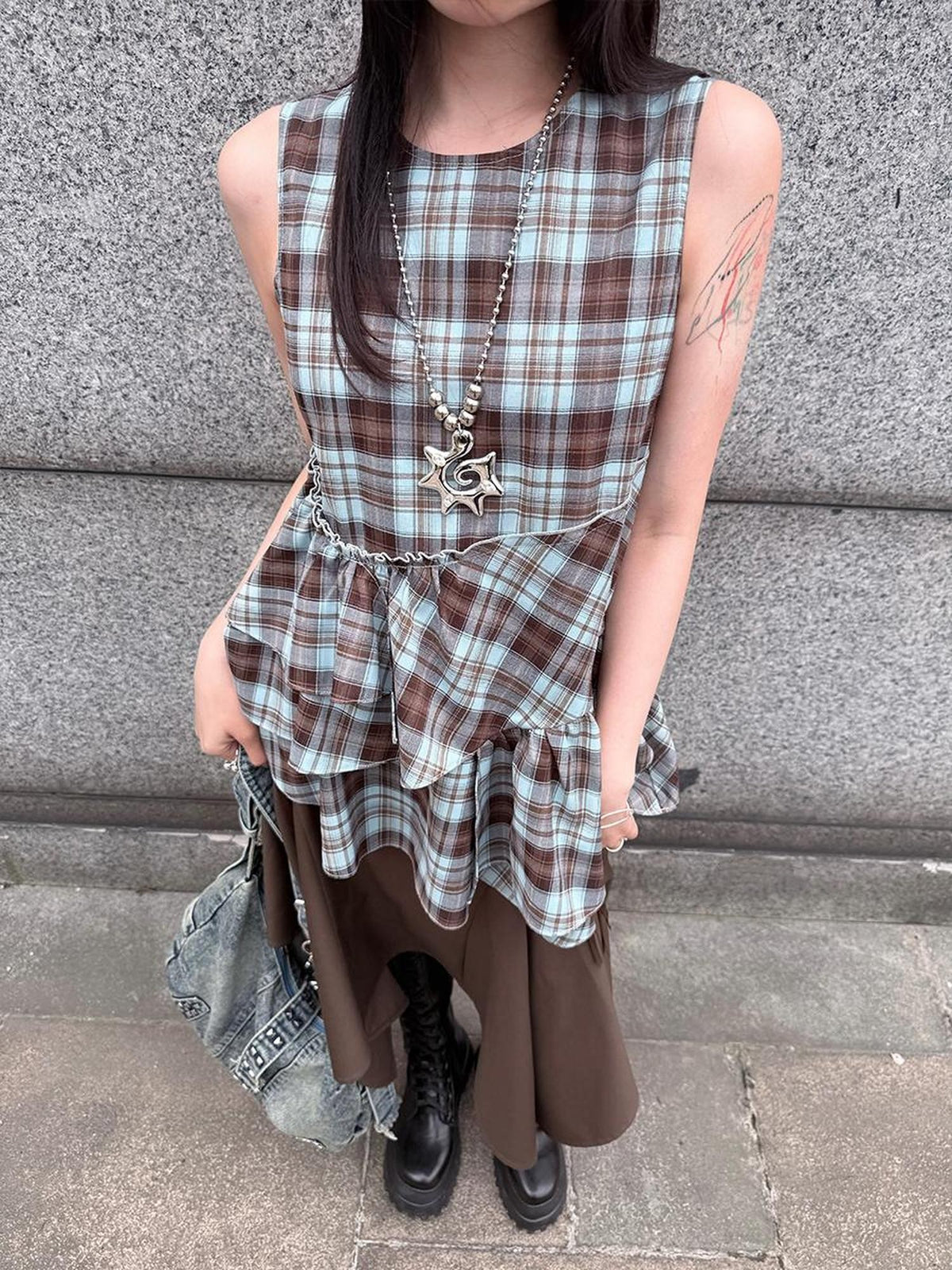 HEMOGLOBIN Blue Brown Plaid Print Ruched Women&