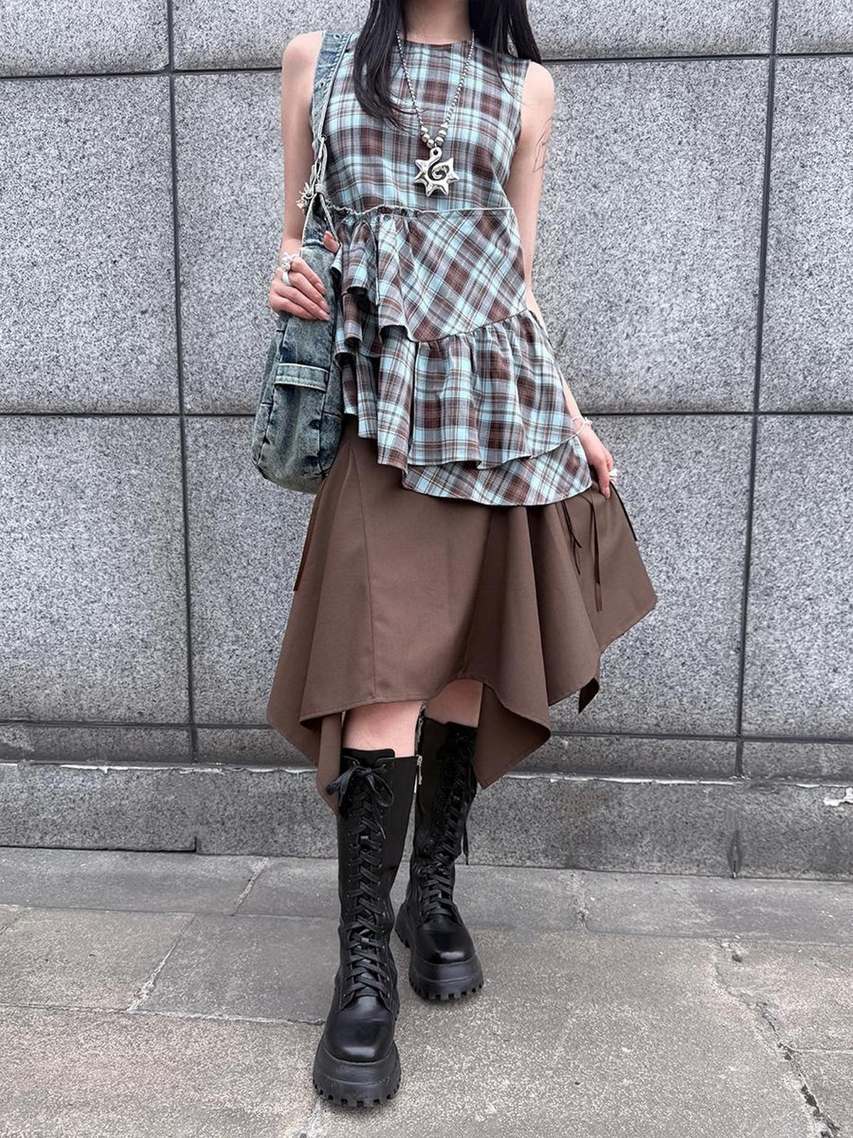 HEMOGLOBIN Blue Brown Plaid Print Ruched Women&