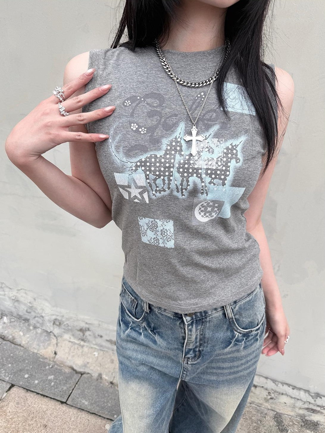 HEMOGLOBIN Blue Grey Animal Print Graphic Women&