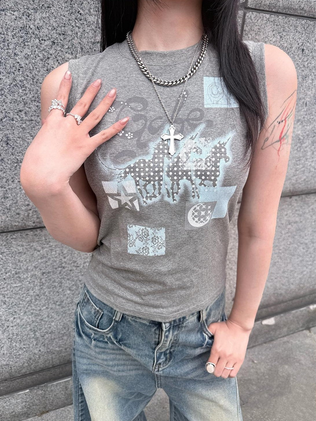 HEMOGLOBIN Blue Grey Animal Print Graphic Women&