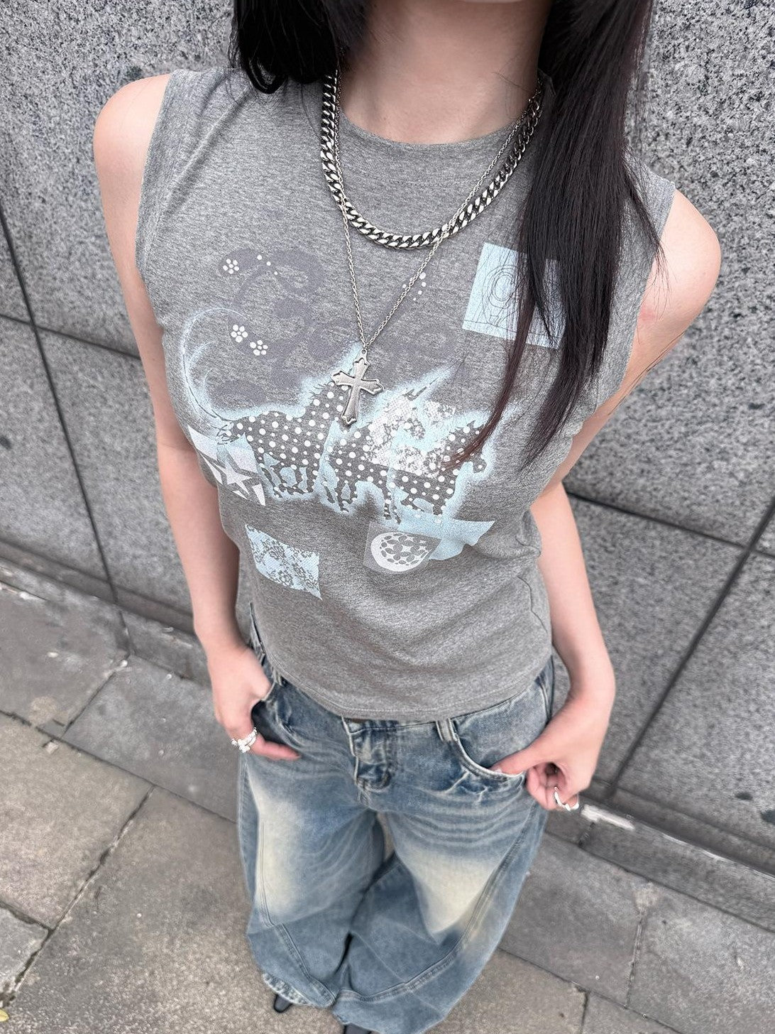 HEMOGLOBIN Blue Grey Animal Print Graphic Women&