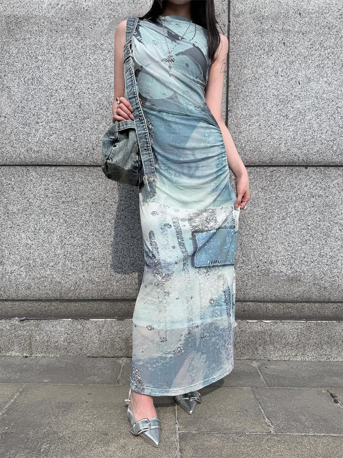 HEMOGLOBIN Double Layer Mesh Print Sleeveless Ruched Women&