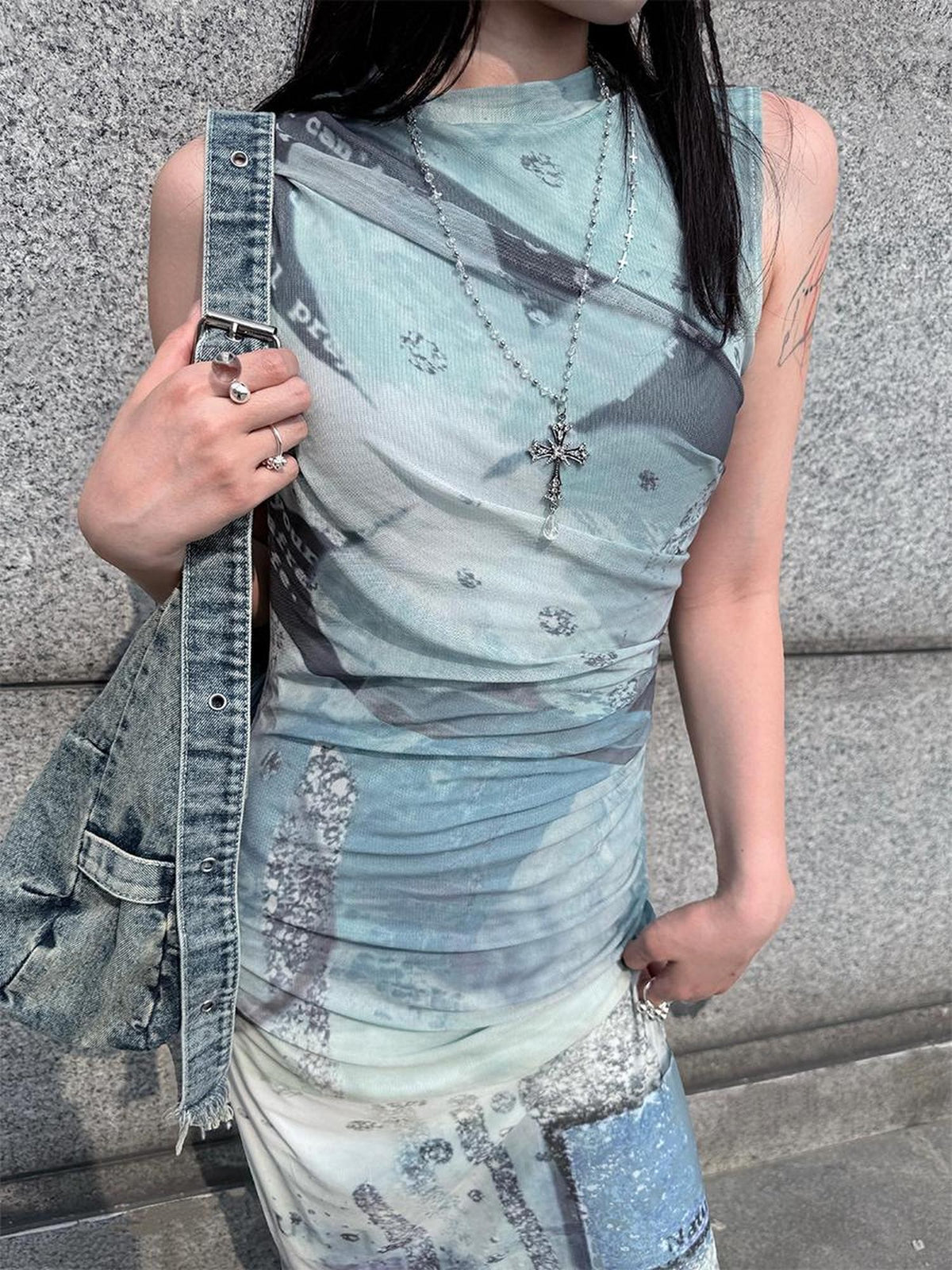 HEMOGLOBIN Double Layer Mesh Print Sleeveless Ruched Women&