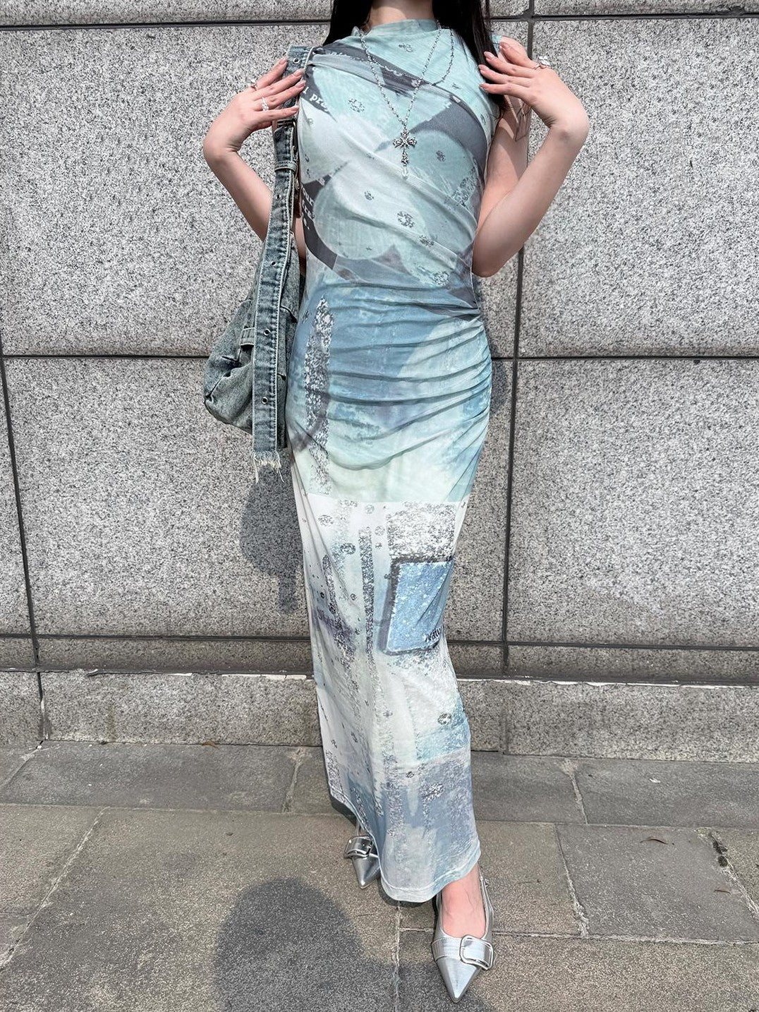 HEMOGLOBIN Double Layer Mesh Print Sleeveless Ruched Women&
