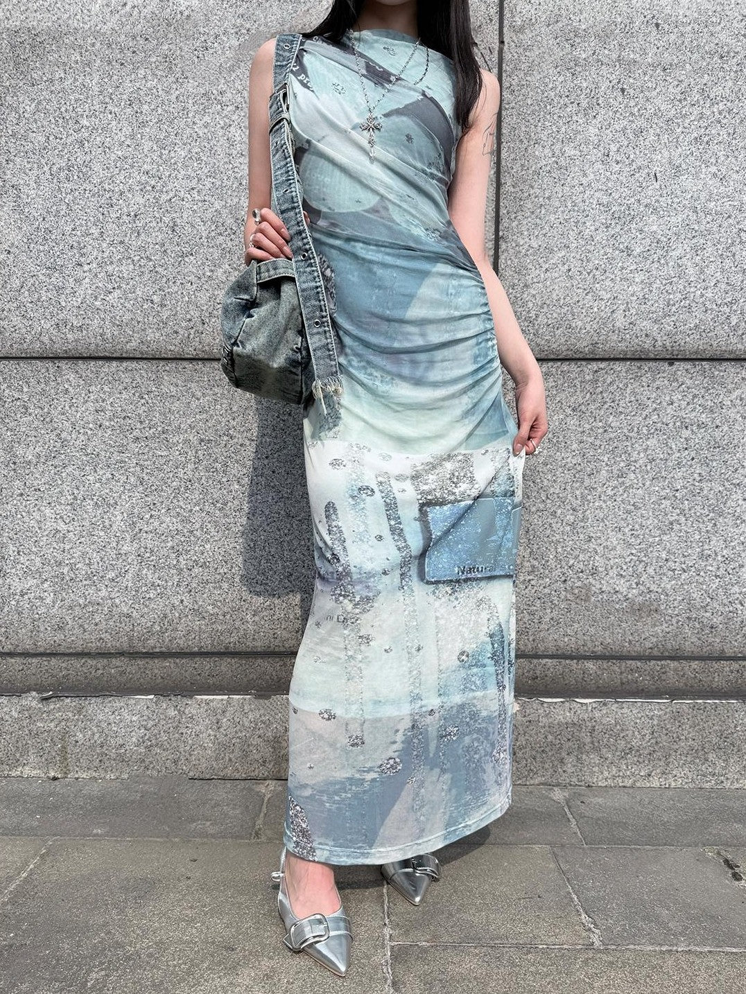 HEMOGLOBIN Double Layer Mesh Print Sleeveless Ruched Women&