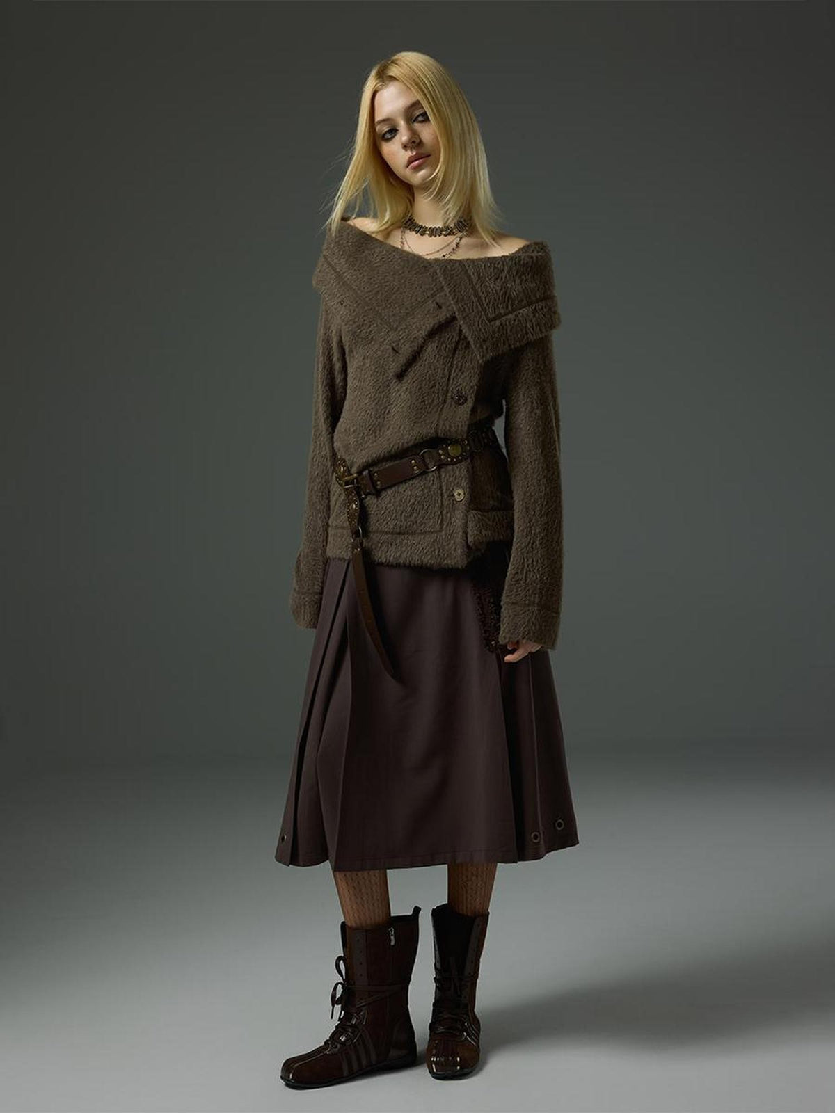 HEMOGLOBIN Fuzzy Button Trim Lapel Loose Fit Long Sleeve Women&