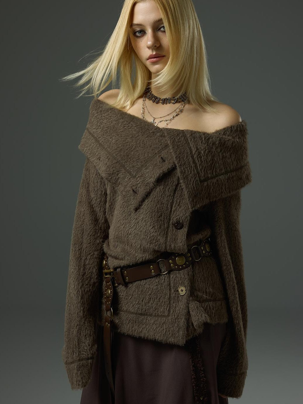 HEMOGLOBIN Fuzzy Button Trim Lapel Loose Fit Long Sleeve Women&