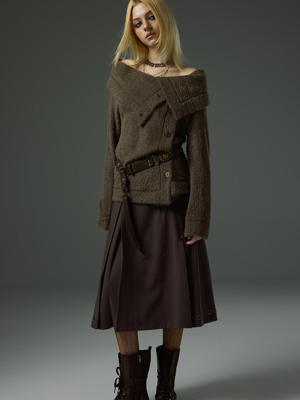 HEMOGLOBIN Fuzzy Button Trim Lapel Loose Fit Long Sleeve Women&