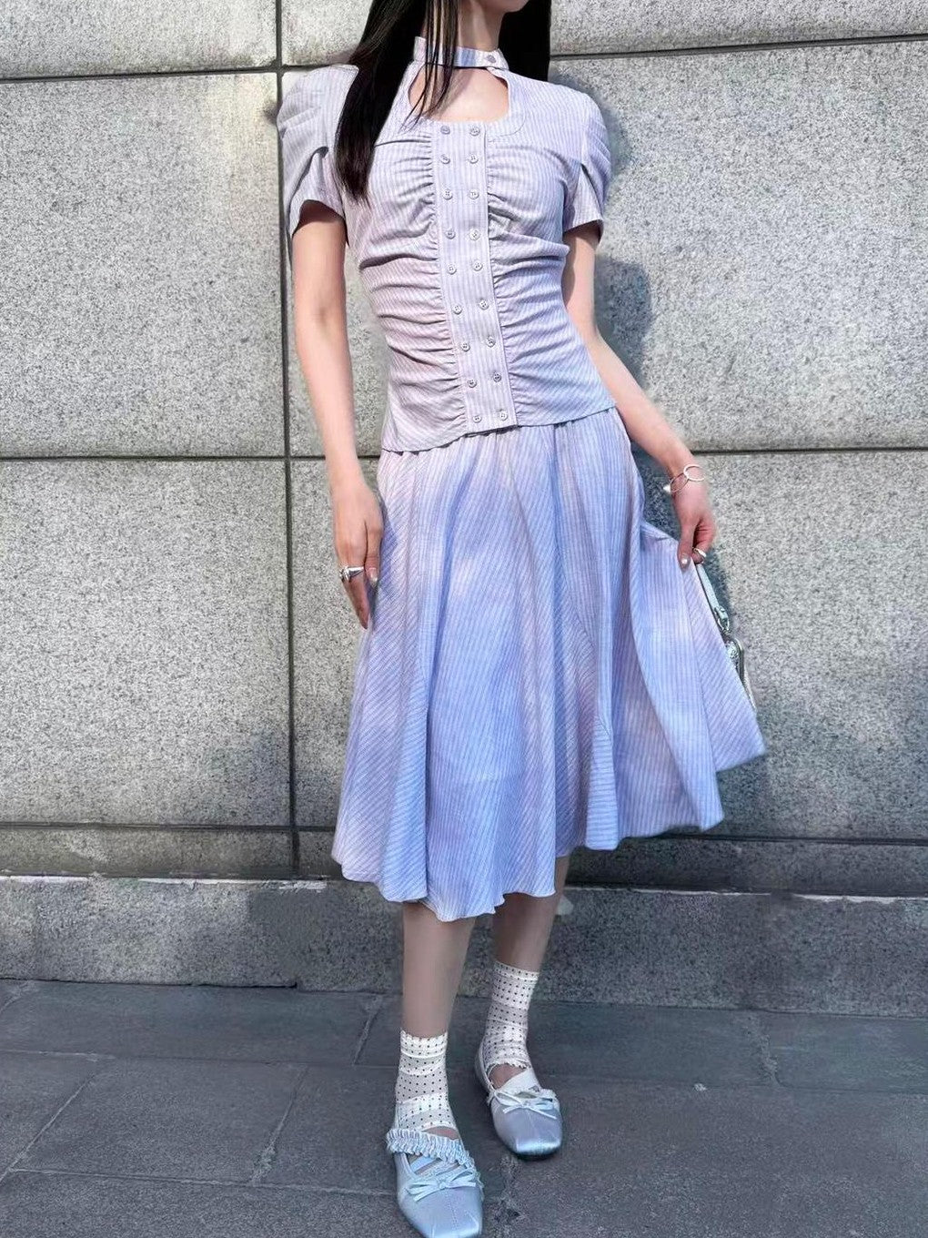 HEMOGLOBIN Pleated Striped Preppy Slim Fit Women&