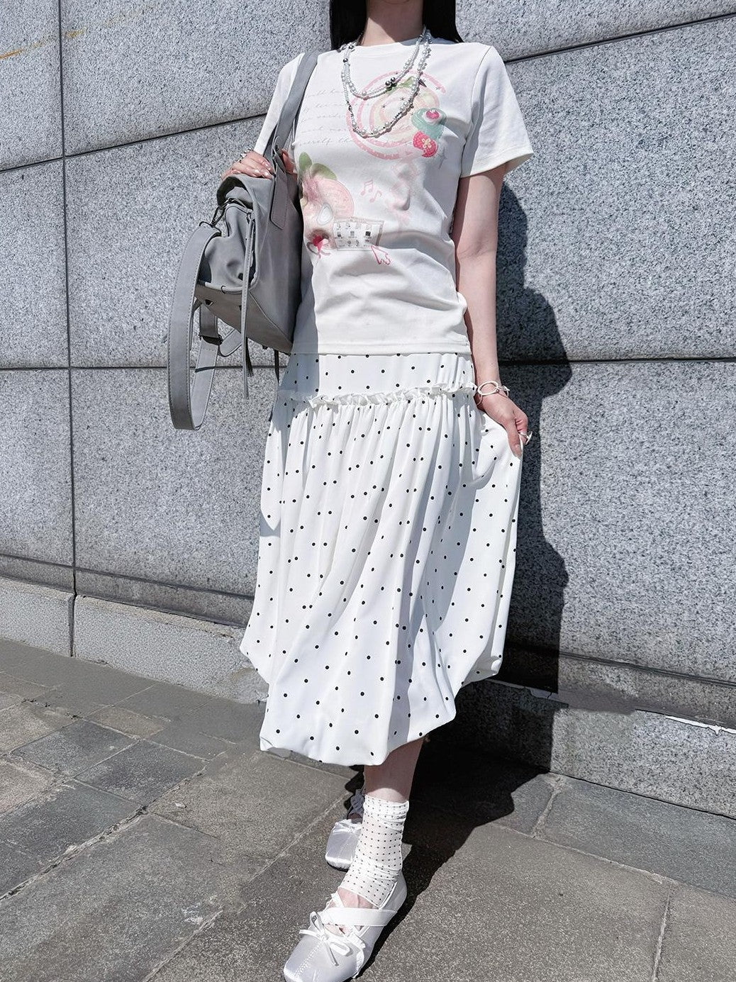 Polka Dot White Print Bubble Hem Loose Fit Women&