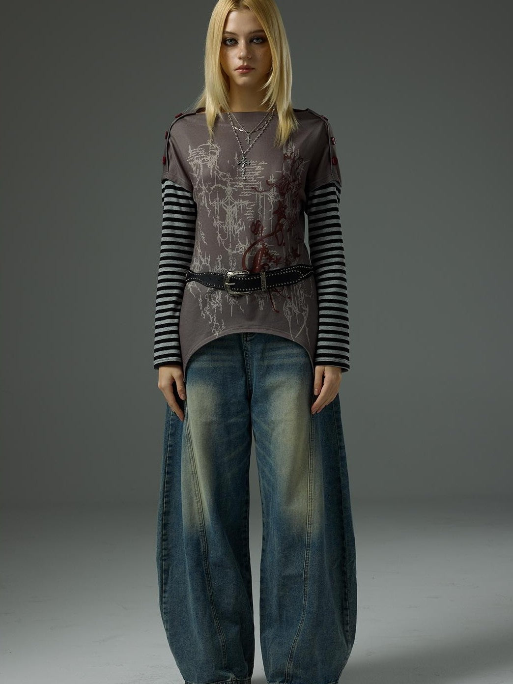 HEMOGLOBIN Rock Style Structured 3d Cut Loose High Waist Cotton Women&