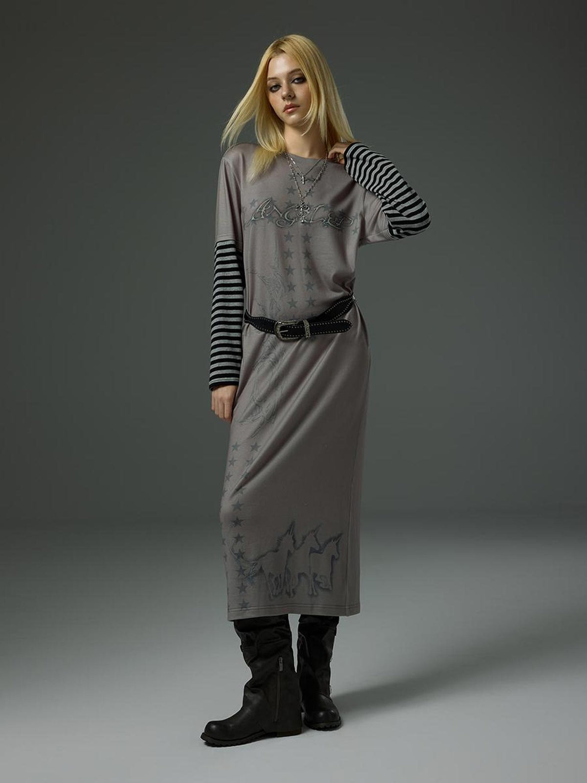 HEMOGLOBIN Striped Spliced Print Faux Two Piece Long Sleeve Women&
