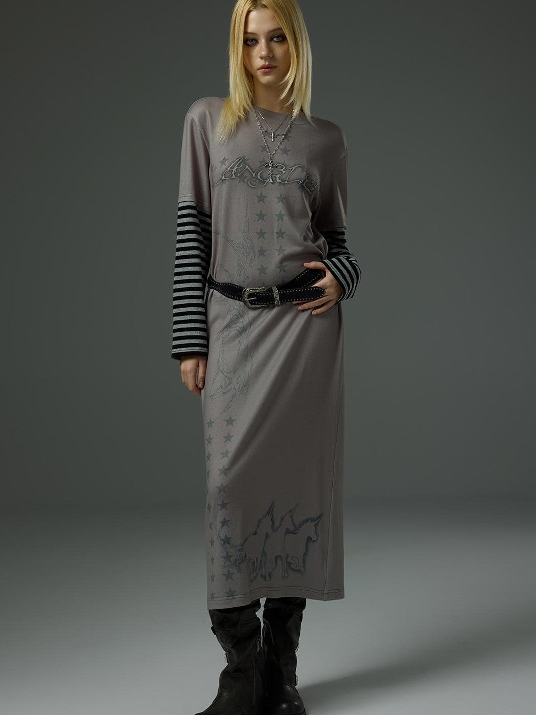 HEMOGLOBIN Striped Spliced Print Faux Two Piece Long Sleeve Women&