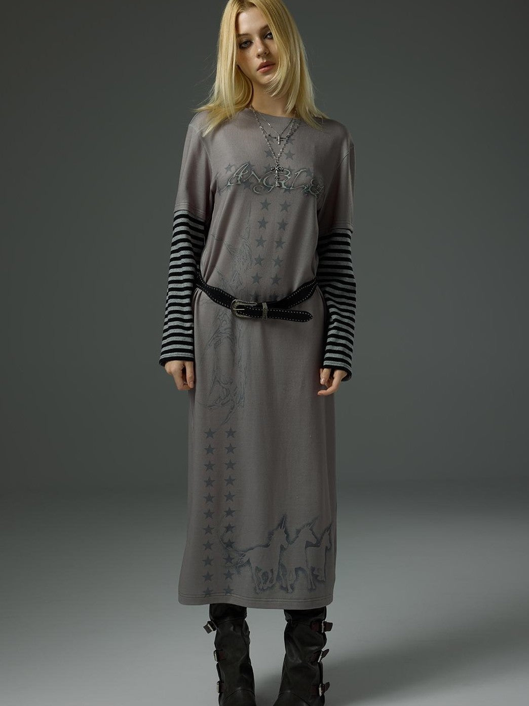 HEMOGLOBIN Striped Spliced Print Faux Two Piece Long Sleeve Women&