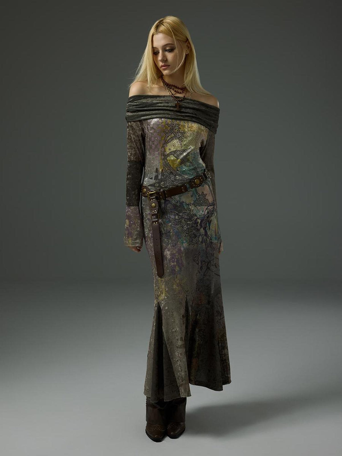 HEMOGLOBIN Velvet Off Shoulder Mermaid Vintage Print Women&