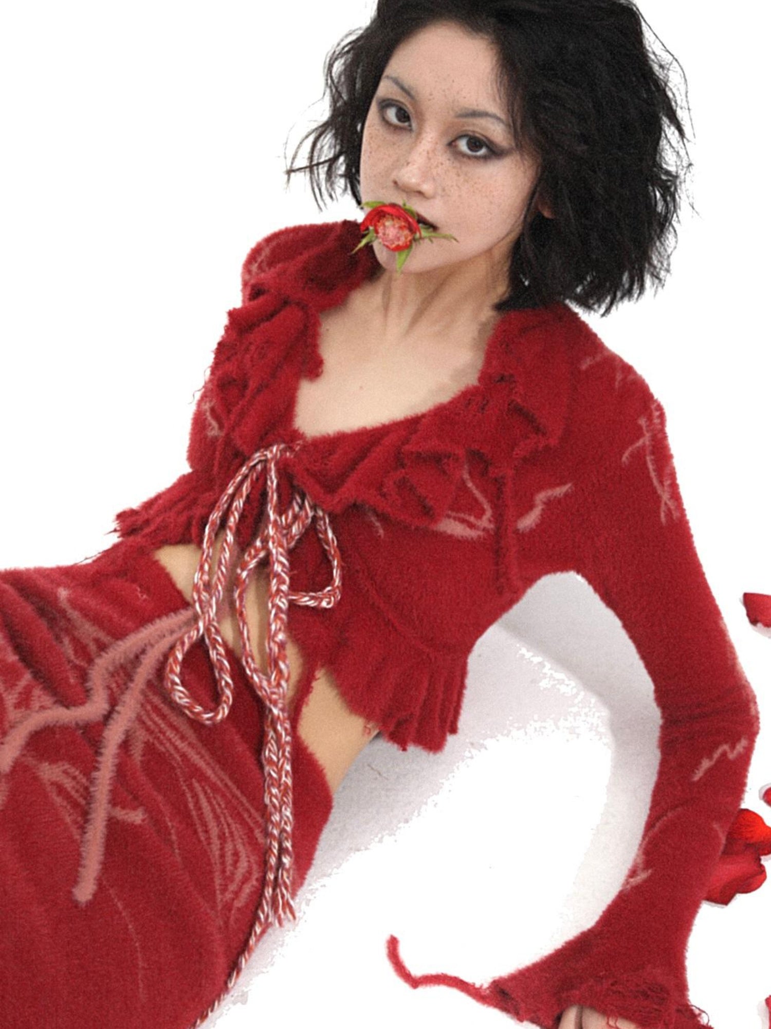Flowers birds Market Hand-Painted Knitted Faux Mink Cardigan