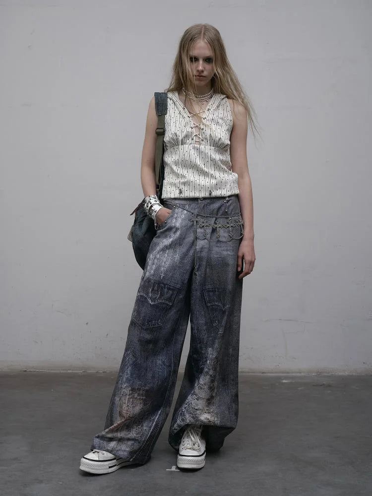 Hand Painted Digital Print Lace Loose Denim Wide Leg Pants