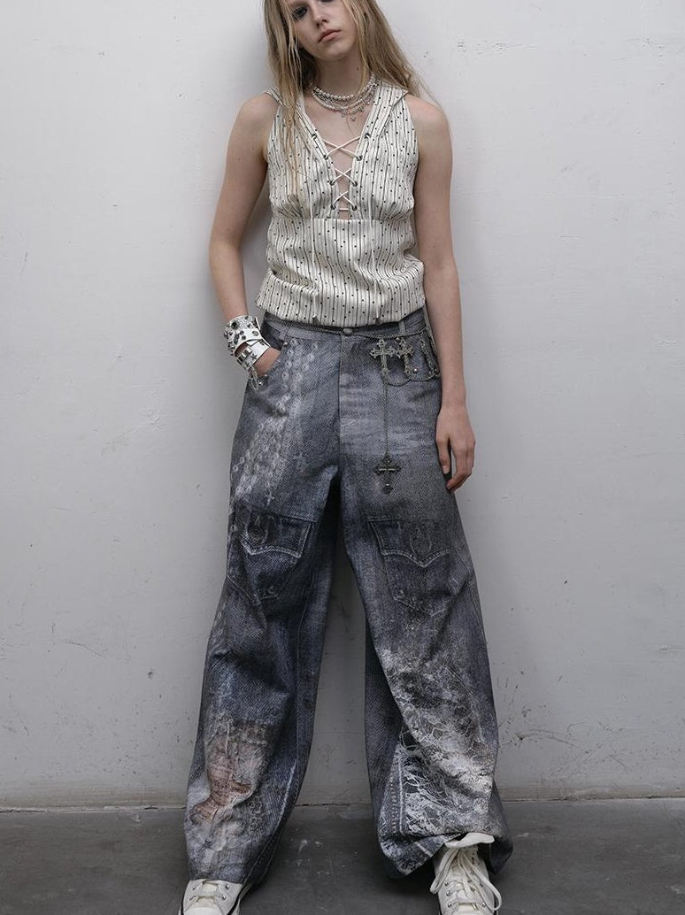 NO ROMANCE禁忌浪漫 Hand Painted Digital Print Lace Loose Denim Wide Leg Pants