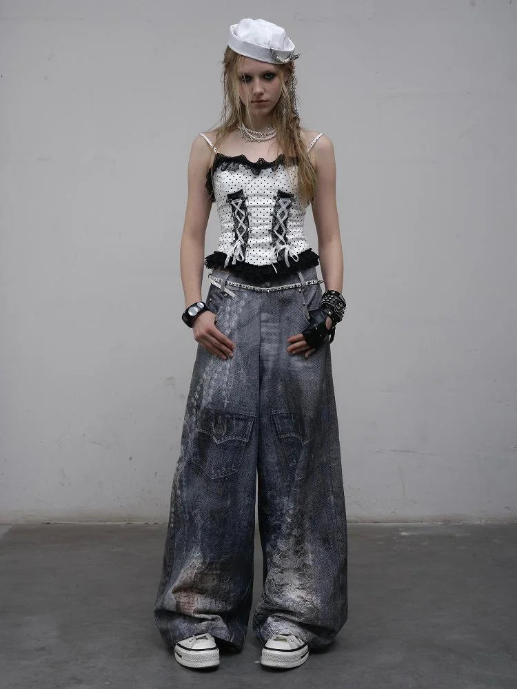 Hand Painted Digital Print Lace Loose Denim Wide Leg Pants