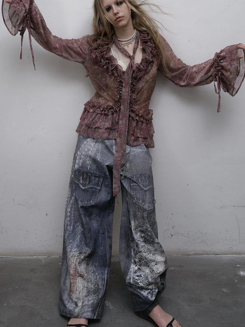 Hand Painted Digital Print Lace Loose Denim Wide Leg Pants