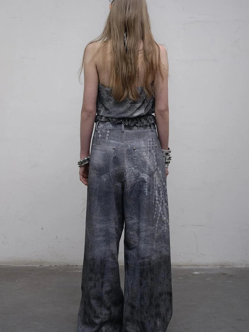Hand Painted Digital Print Lace Loose Denim Wide Leg Pants