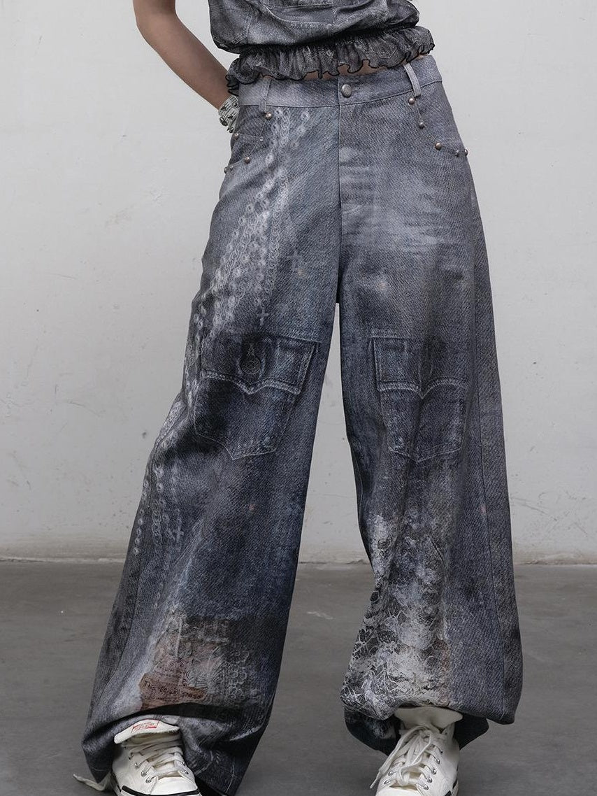 NO ROMANCE禁忌浪漫 Hand Painted Digital Print Lace Loose Denim Wide Leg Pants