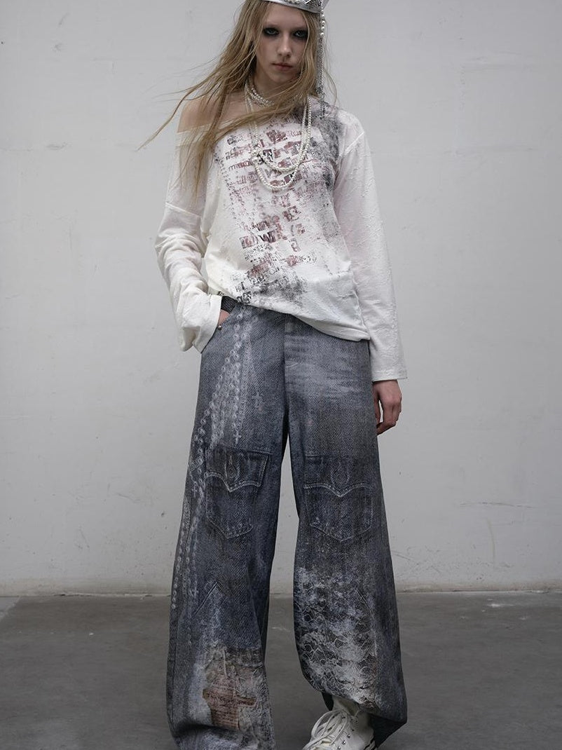 NO ROMANCE禁忌浪漫 Hand Painted Digital Print Lace Loose Denim Wide Leg Pants