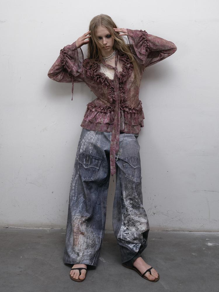NO ROMANCE禁忌浪漫 Hand Painted Digital Print Lace Loose Denim Wide Leg Pants