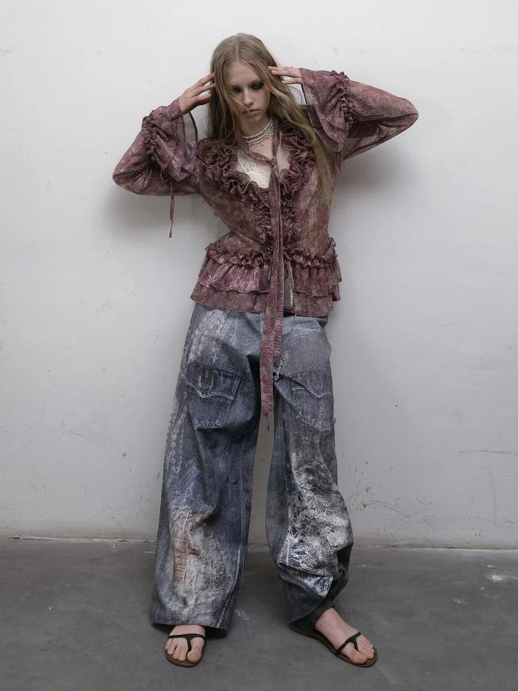 Hand Painted Digital Print Lace Loose Denim Wide Leg Pants