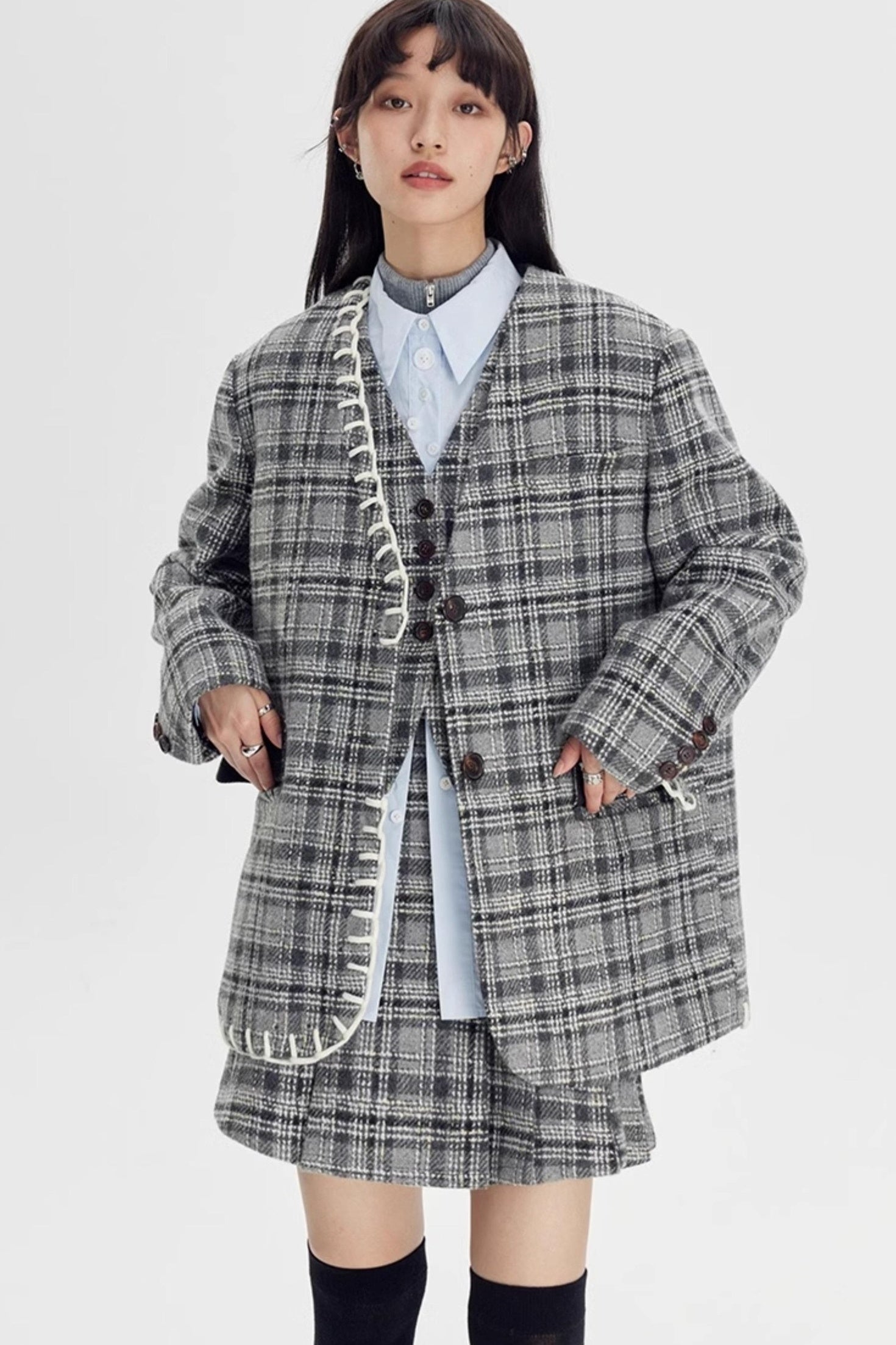 DIDDI MODA Handwoven Checkered Vest Asymmetrical Pleated Skirt Set