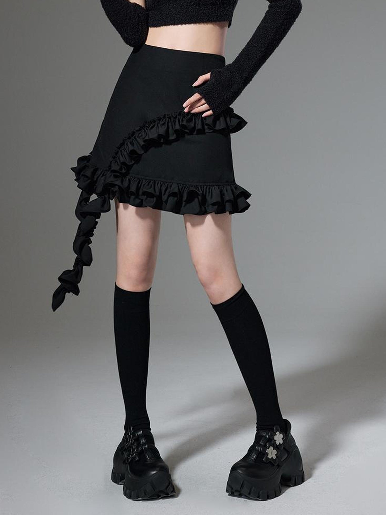 DIDDI MODA Hanging Flounce A Line Skirt High Waist Asymmetrical Mini