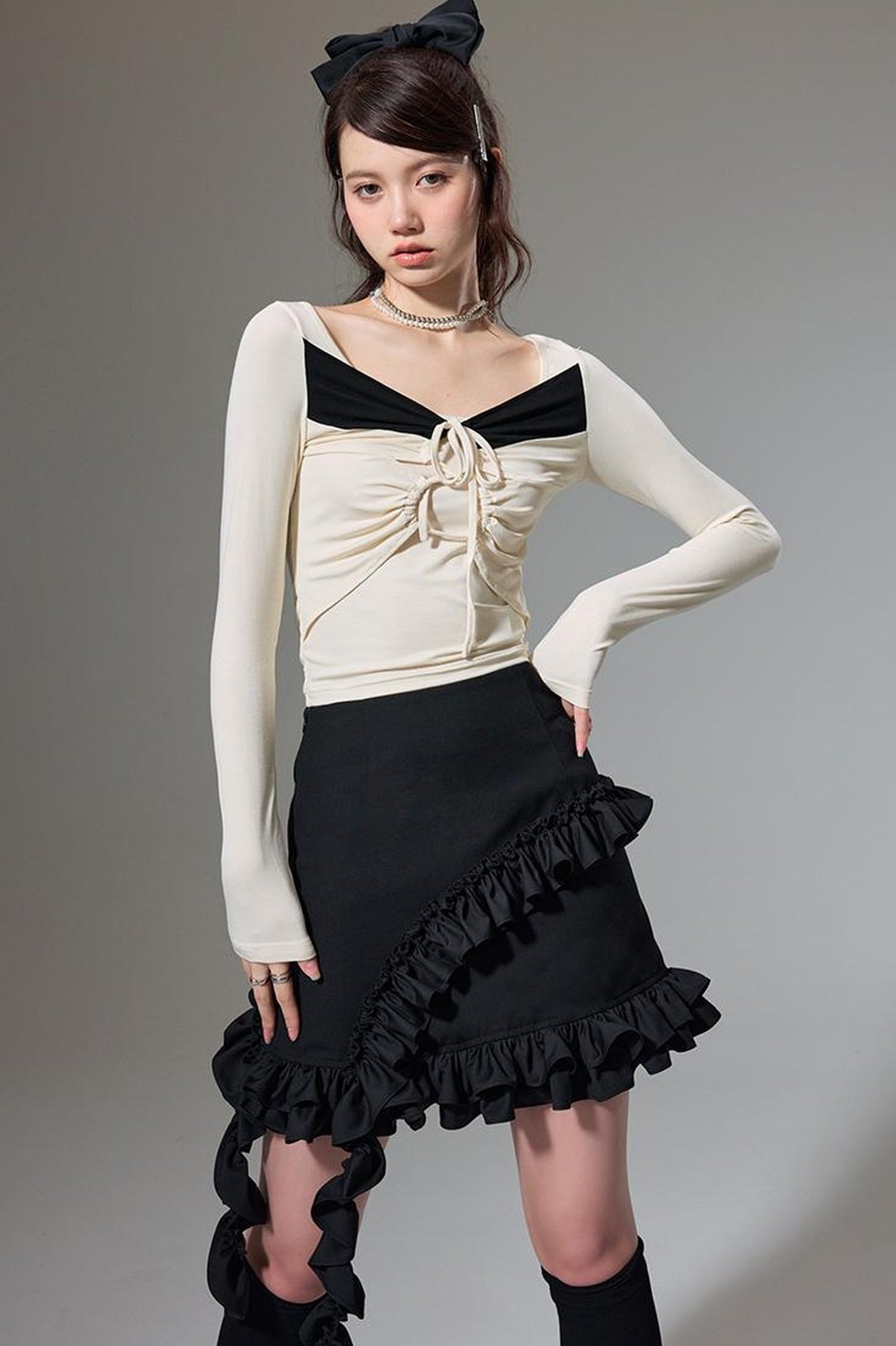 DIDDI MODA Hanging Flounce A Line Skirt High Waist Asymmetrical Mini