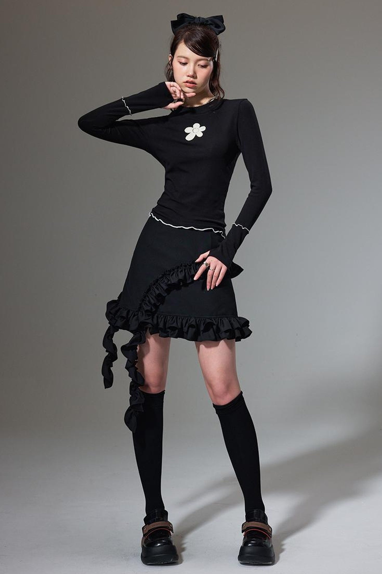 DIDDI MODA Hanging Flounce A Line Skirt High Waist Asymmetrical Mini