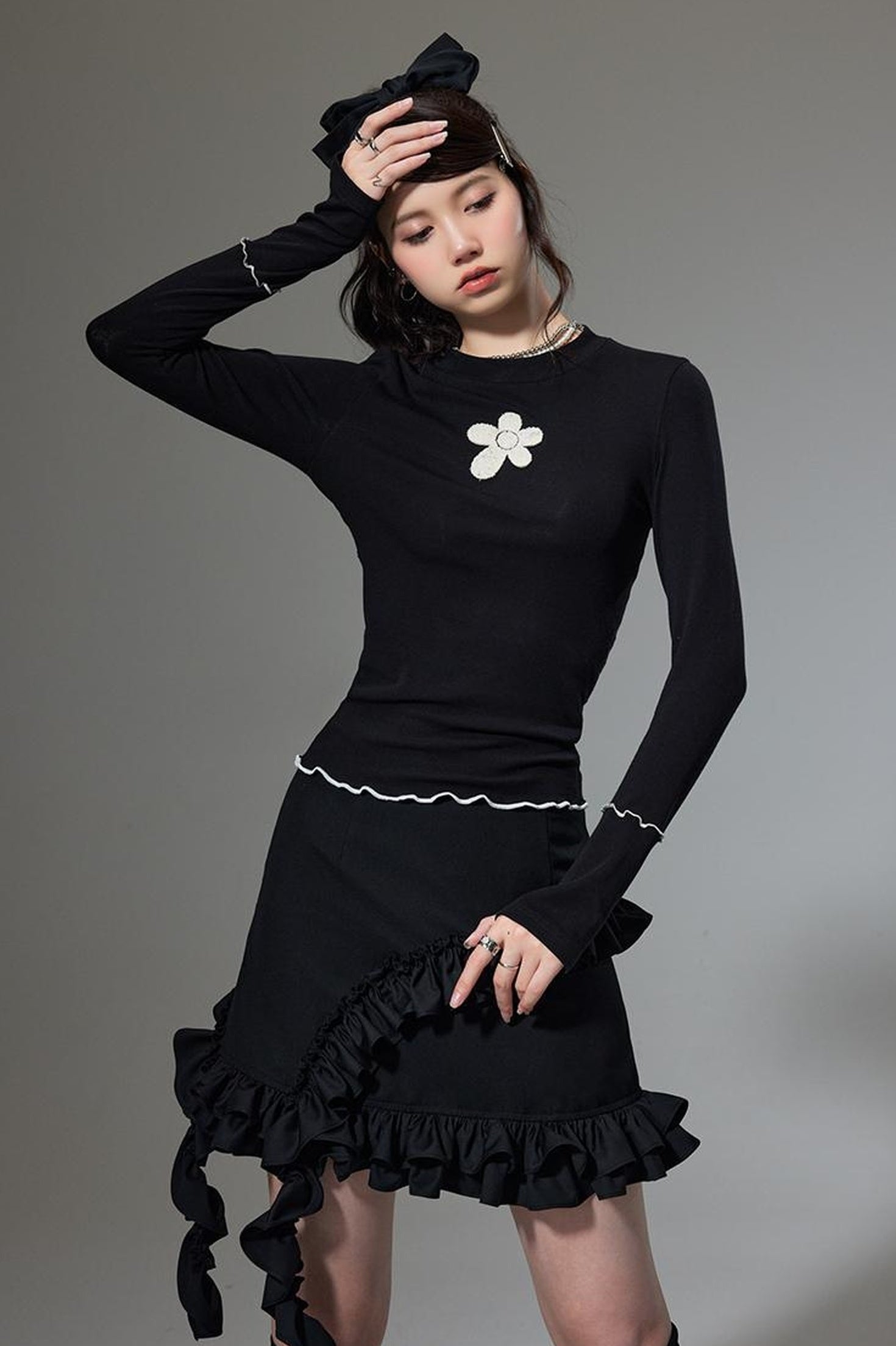 DIDDI MODA Hanging Flounce A Line Skirt High Waist Asymmetrical Mini