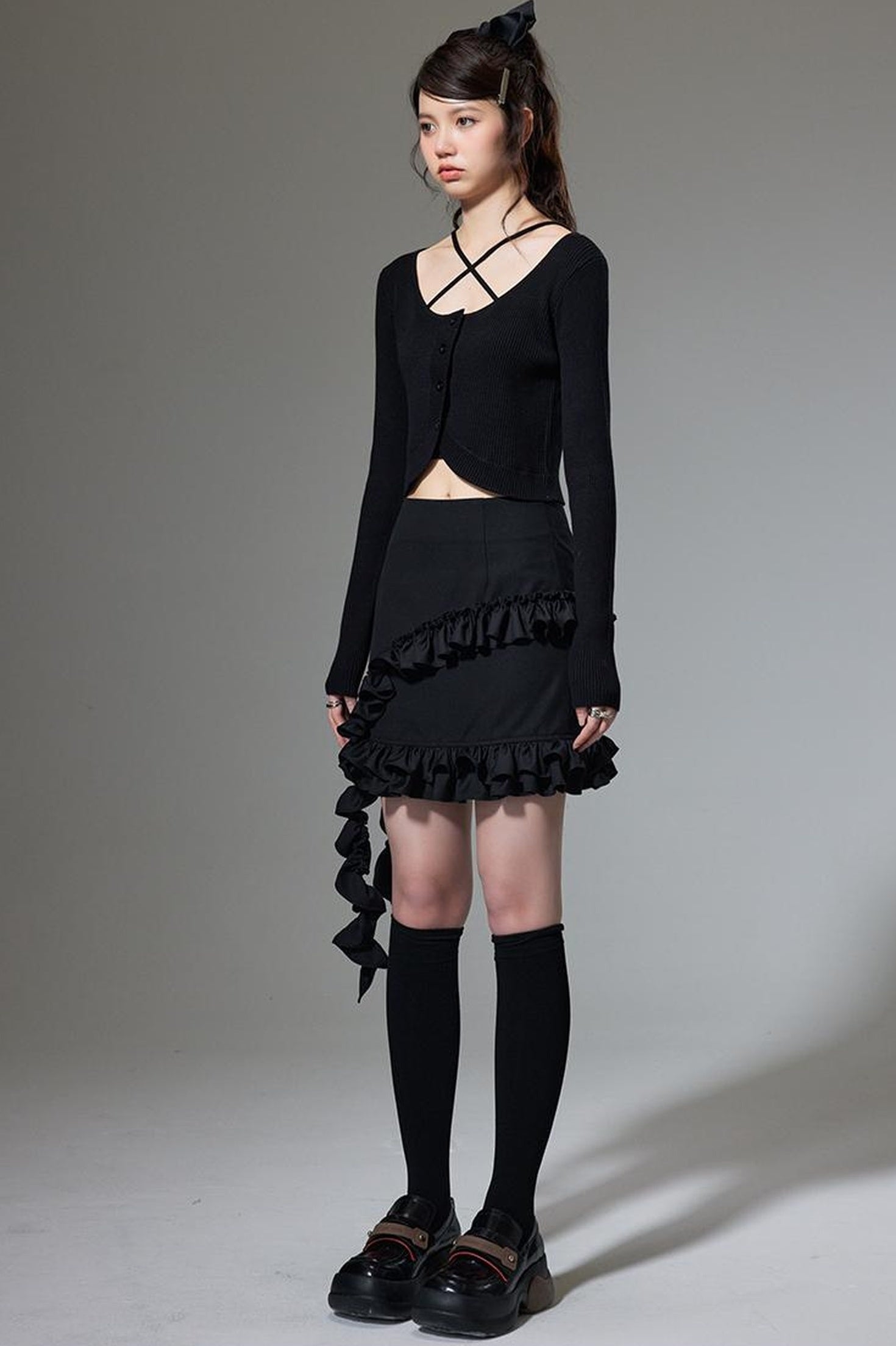 DIDDI MODA Hanging Flounce A Line Skirt High Waist Asymmetrical Mini