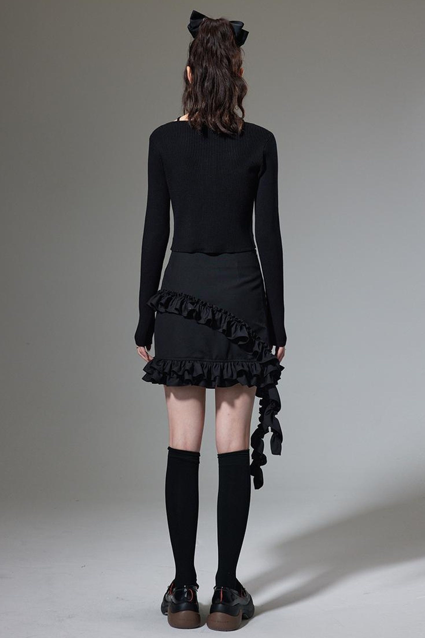 DIDDI MODA Hanging Flounce A Line Skirt High Waist Asymmetrical Mini