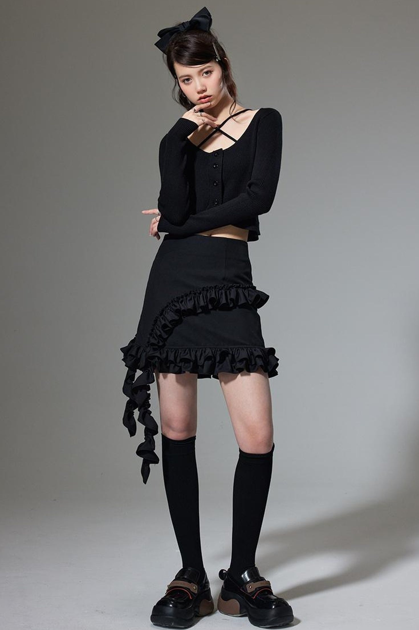 DIDDI MODA Hanging Flounce A Line Skirt High Waist Asymmetrical Mini