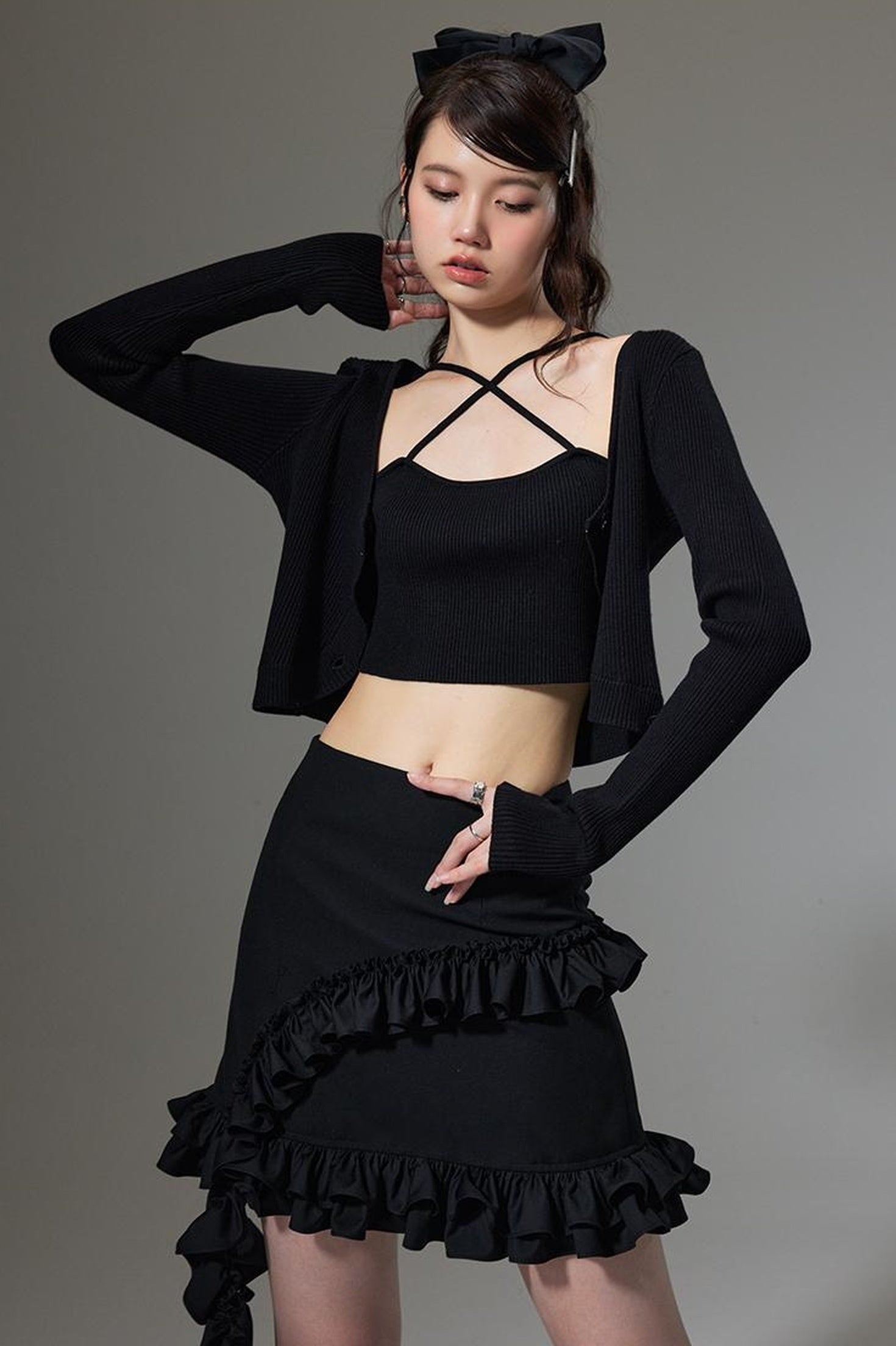 DIDDI MODA Hanging Flounce A Line Skirt High Waist Asymmetrical Mini