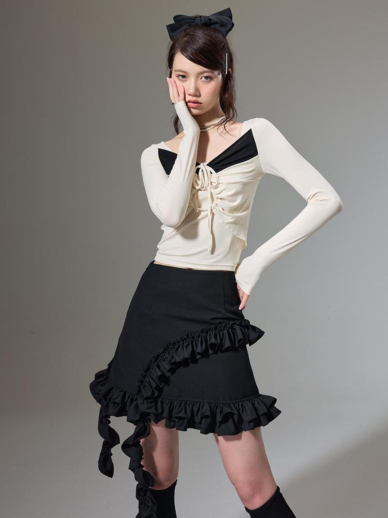 DIDDI MODA Hanging Flounce A Line Skirt High Waist Asymmetrical Mini