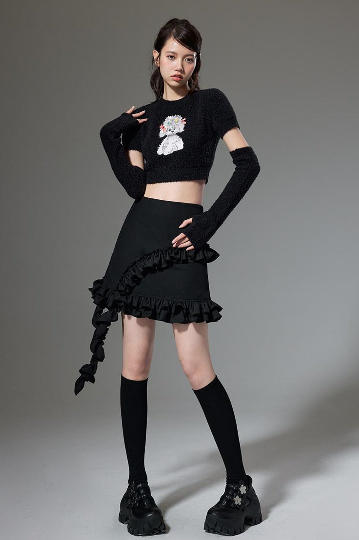 DIDDI MODA Hanging Flounce A Line Skirt High Waist Asymmetrical Mini